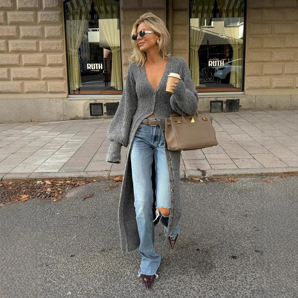 Cardigan Long en Maille Grise Décontracté