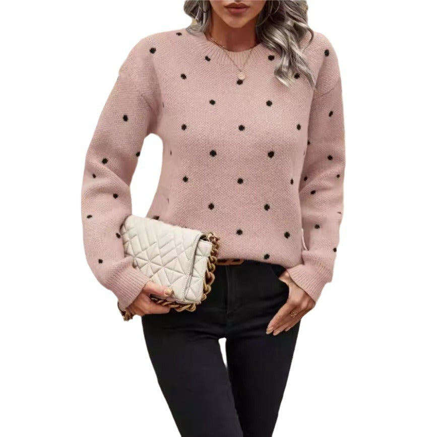 Pull Jacquard à Pois avec Col Rond Élégant