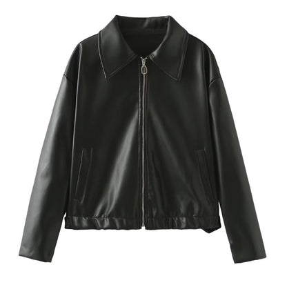Veste en Cuir à Col Revers et Fermeture Éclair pour Femme