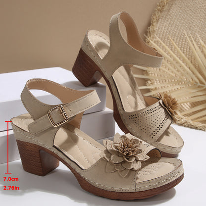 Sandales à Talon Épais avec Fleurs