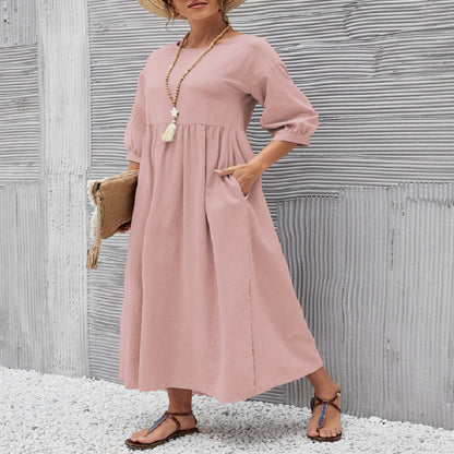Robe en Coton à Col Rond et Jupe A-Line pour Femme