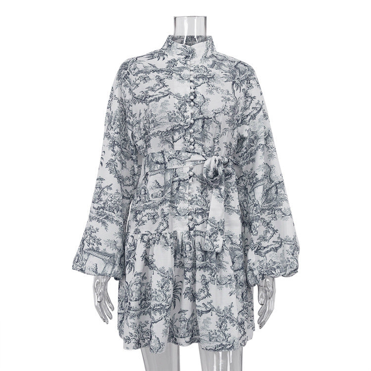 Robe Courte Élégante à Imprimé Artistique et Manches Bouffantes