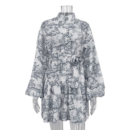 Robe Courte Élégante à Imprimé Artistique et Manches Bouffantes