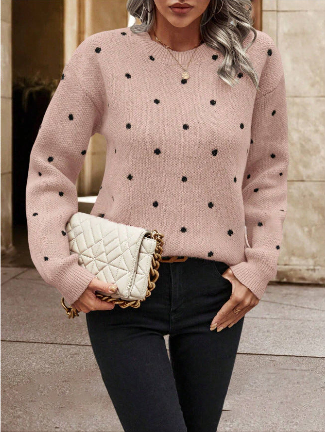 Pull Jacquard à Pois avec Col Rond Élégant