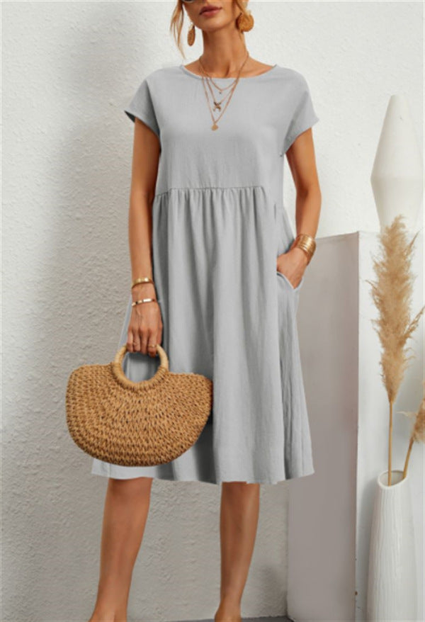 Robe en Coton à Col Rond et Jupe A-Line pour Femme