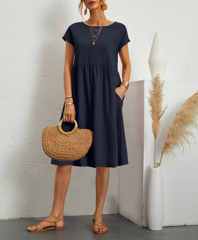 Robe en Coton à Col Rond et Jupe A-Line pour Femme