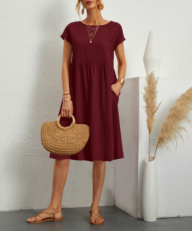 Robe en Coton à Col Rond et Jupe A-Line pour Femme