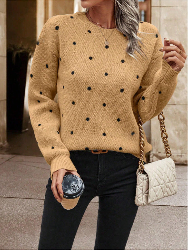 Pull Jacquard à Pois avec Col Rond Élégant