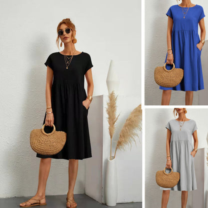 Robe en Coton à Col Rond et Jupe A-Line pour Femme