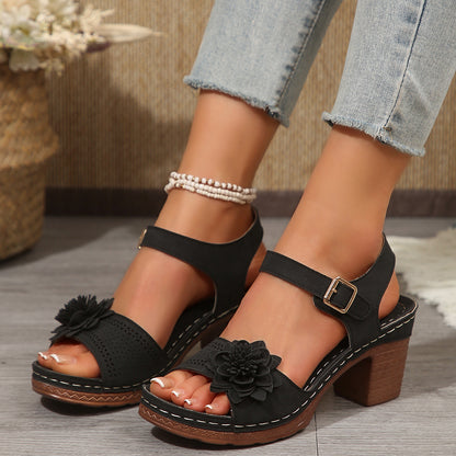 Sandales à Talon Épais avec Fleurs